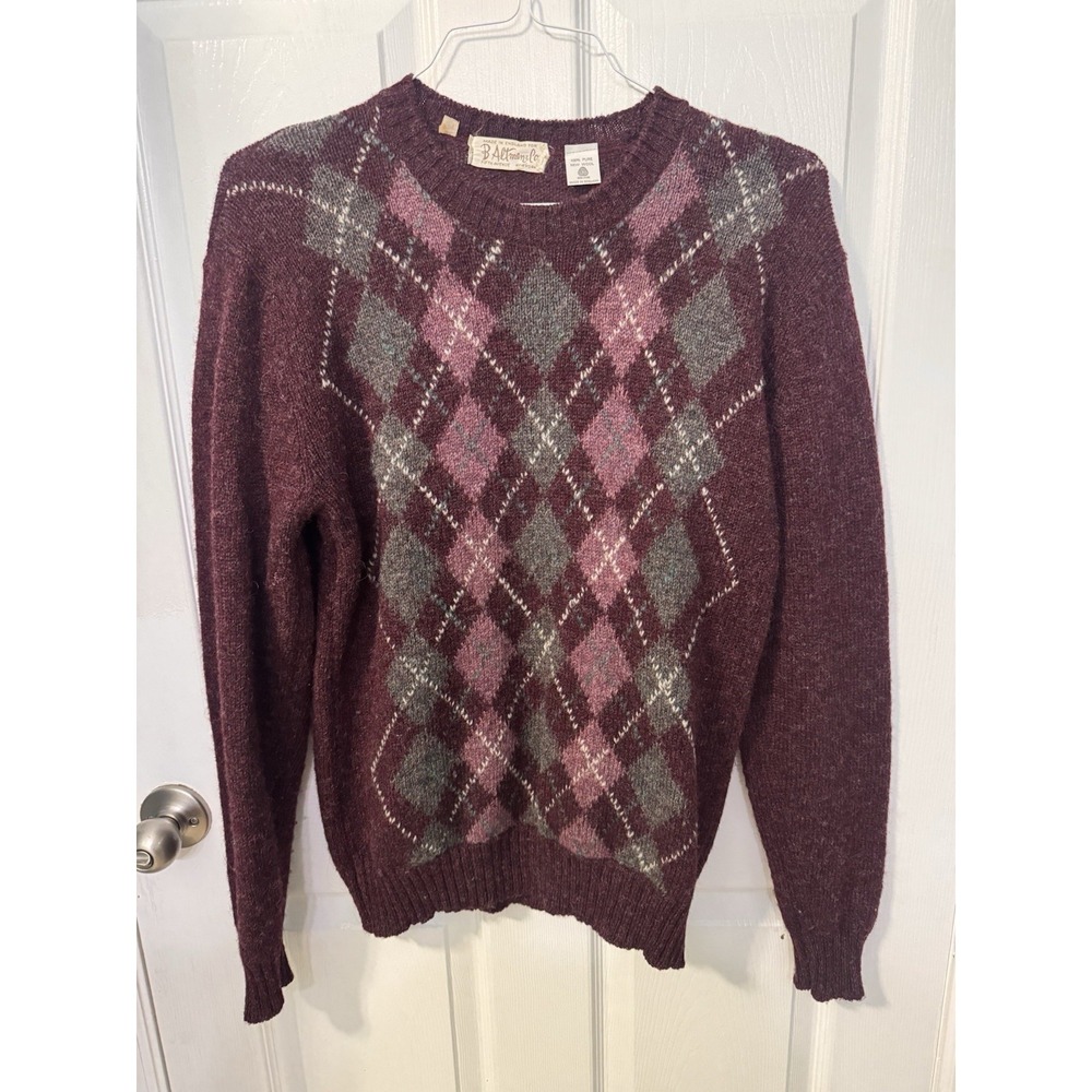 Vintage B Altman Sweater Mens M Burgundy Argyle 100% Wool Made in England